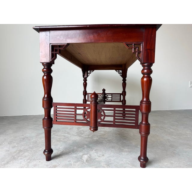 Mid-Century Modern Vintage Chinese Carved Solid Mahogany Console Table With Latticework Details For Sale - Image 3 of 12