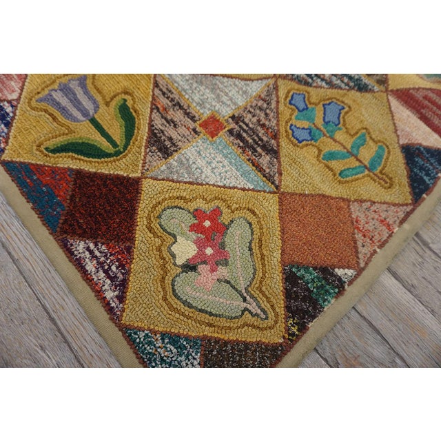 Very Pretty Multi Colored Floral Tumbling Block Pattern Set on a a Light Yellow Tan Background Vintage Signed Sg and Dated 1950 American Hooked Rug For Sale - Image 12 of 15