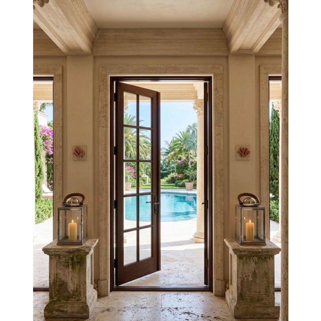 Metal Traiditional Artisan Nickel-Finish Glass Lanterns With Driftwood Handles - a Pair For Sale - Image 7 of 12