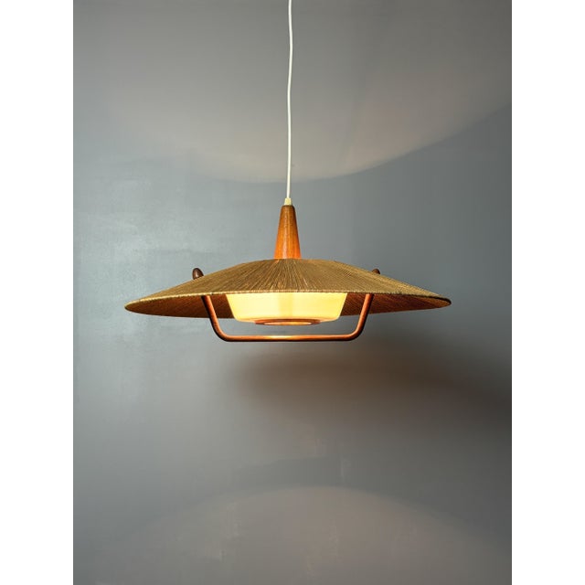 Beige Large Mid-Century Teak and Sisal Cord Pendant from Temde Leuchten, 1960s For Sale - Image 8 of 18