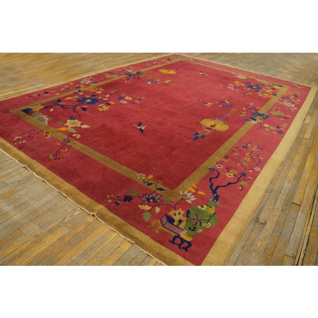 Art Deco Stunning Red-Raspebery Background Color With Colorful Floral Design Antique Chinese Art Deco Rug For Sale - Image 3 of 10