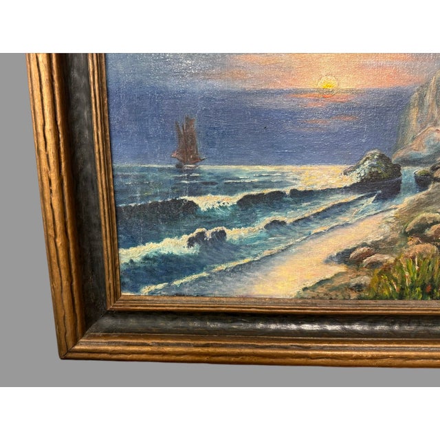 Antique Coastal Seascape Oil Painting on Canvas For Sale - Image 4 of 10