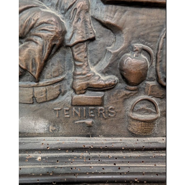 Metal Pair of Antique Continental Repoussé Cabinet Doors After David Teniers, C. 1880-1910 For Sale - Image 7 of 10
