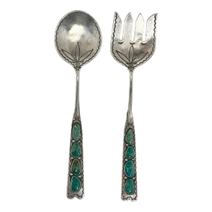 1980 Silver and Turquoise Salad Servers Hand-Wrought and Stamped in the American Indian Style - Set of 2 -