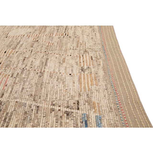 Beige Modern Boho Chic Moroccan Style Handmade Abstract Motif Wool Rug For Sale In New York - Image 6 of 10