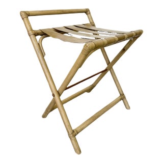 Vintage Mid-Century Faux Bamboo & Faux Leather Folding Luggage Rack For Sale