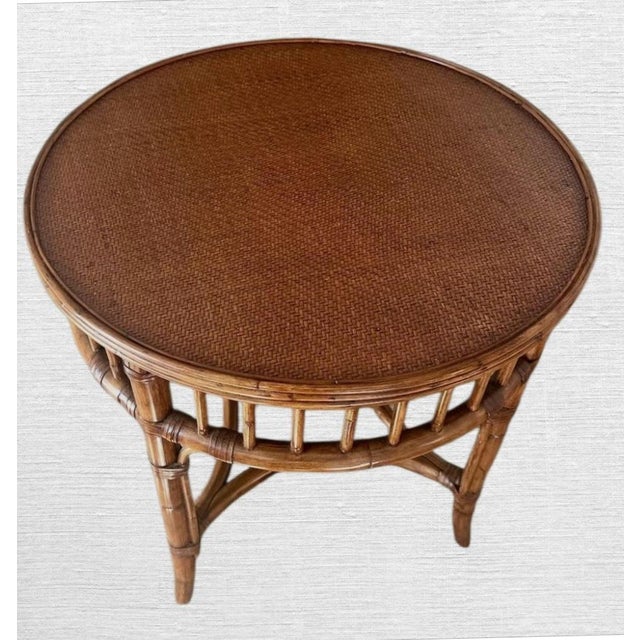Wood Vintage Ethan Allen Large Chinese Chippendale Round Glass Wicker Top Side Tables- a Pair For Sale - Image 7 of 8