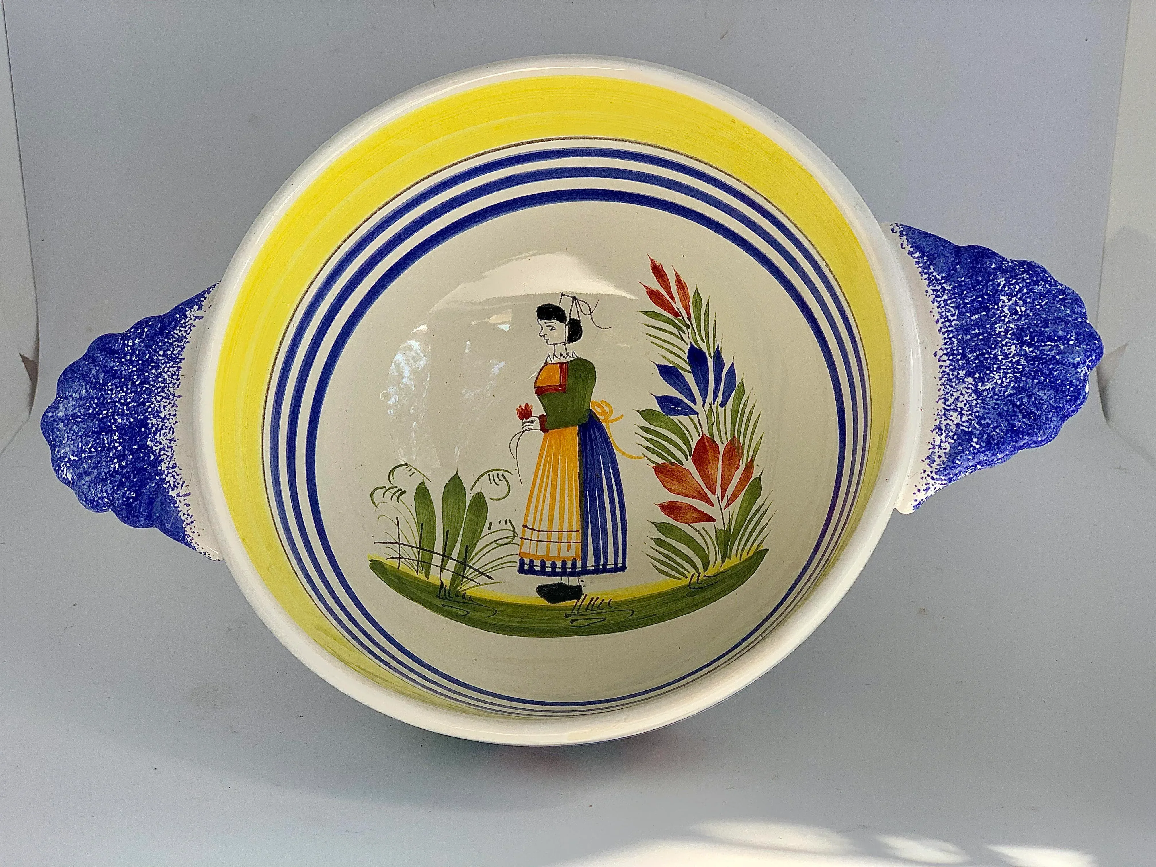 Large French Henriot Quimper Breton Faience Lug-Handle Porringer