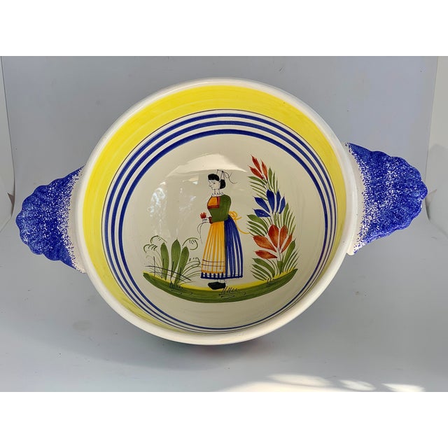 Ceramic Large French Henriot Quimper Breton Faience Lug-Handle Porringer, Cereal Bowl For Sale - Image 7 of 7