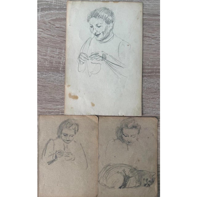 Heinrich Pforr, Collection of 6 Drawings on 4 Sheets Woman Handicrafts, 1920s, Pencil For Sale - Image 12 of 12