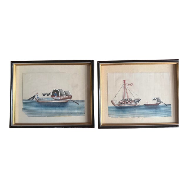 Chinese /Asian Hand Painted Boat Pictures Framed in Black and Gold. Charming. For Sale