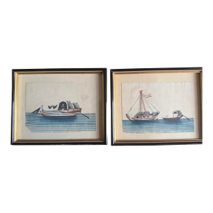 Chinese /Asian Hand Painted Boat Pictures Framed in Black and Gold. Charming.