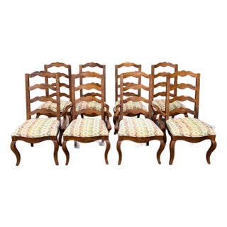 Century Furniture French Country Ladderback Dining Chairs – Set of 8, Walnut Finish With Upholstered Seats (2 Armchairs, 6 Side Chairs) For Sale