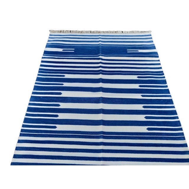 Textile Handmade Cotton Natural Vegetable Dyed Flat Weave Reversible Blue and White Striped Rug - 8'x10' For Sale - Image 7 of 11
