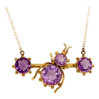 19th Century Etruscan Style Amethyst Insect Bar Pendant Necklace With 14k Gold Chain For Sale
