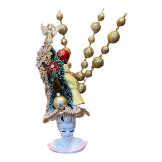 Vintage Lefton Lady Head Vase With Vintage Costume Jewelry and MCM Ornaments For Sale