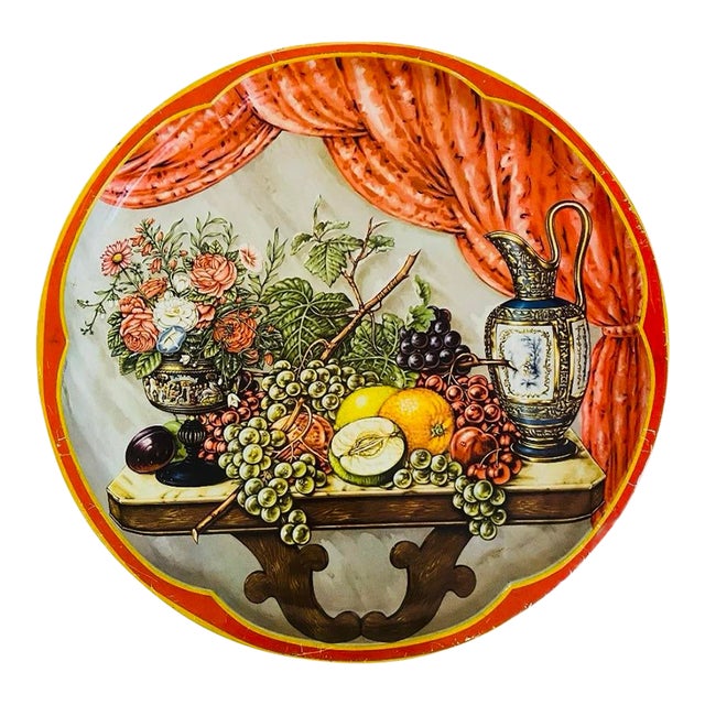 MidCentury English Round Tole Tray With Flowers & Fruits Design For Sale