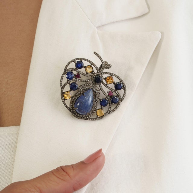 Blue Whimsical Orchard 7.5 Ct Tanzanite, Ruby & Citrine Apple Brooch Pendant in 925 Silver For Sale - Image 8 of 15
