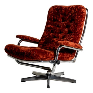 Swedish Swivel Armchair in Velvet and Steel, 1970s For Sale