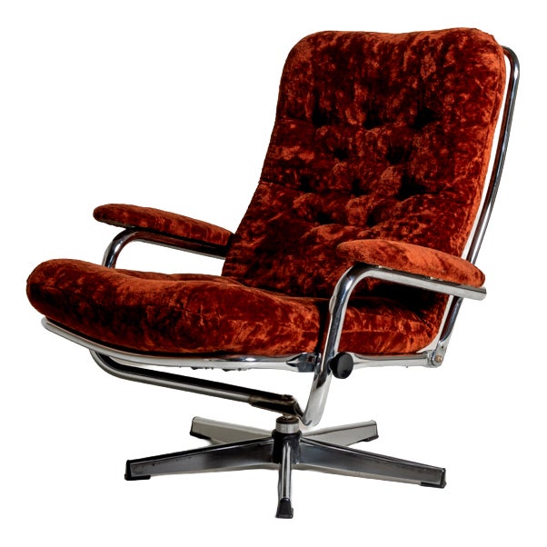 Swedish Swivel Armchair in Velvet and Steel, 1970s For Sale