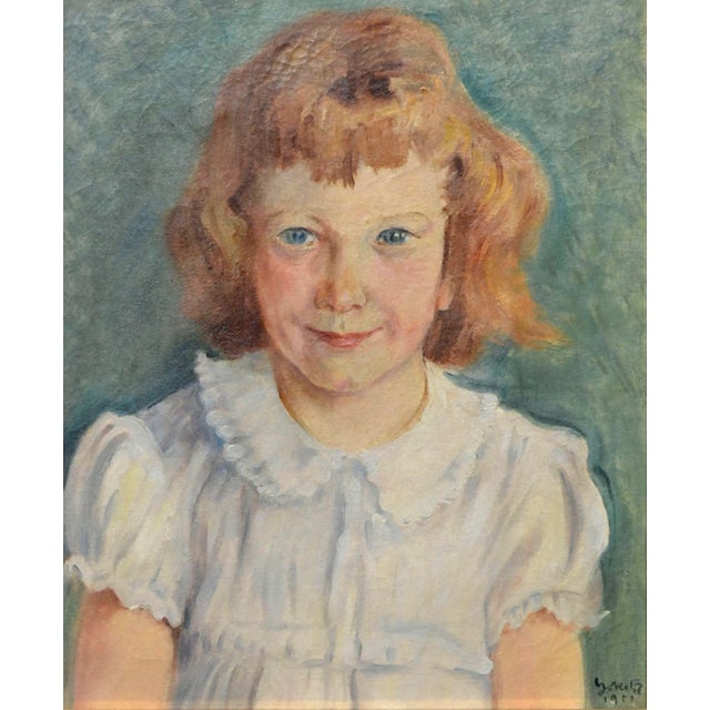Charming portrait of a young girl with red hair wearing a typical mid-century frilly dress and high-cut bangs, by an...