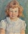 Charming portrait of a young girl with red hair wearing a typical mid-century frilly dress and high-cut bangs, by an...
