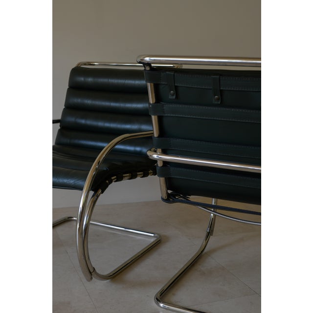 Really nice pair of 1980s Mies Van der Rohe MR248LC Lounge Chairs for Knoll in a dark green leather. Good vintage...