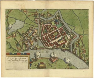 Antique Plan of the Siege of Grave by Guicciardini, 1608