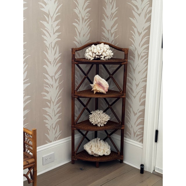 Vintage Woven Rattan and Bamboo Four-Tier Corner Shelf Unit. For Sale - Image 4 of 11