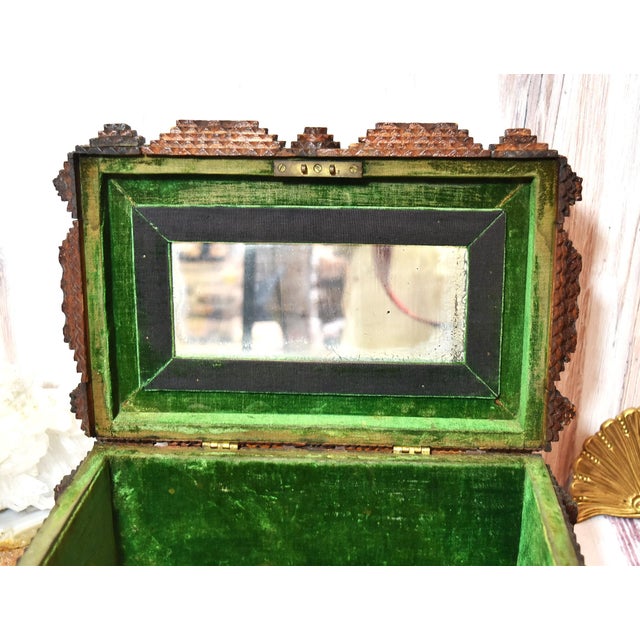 Antique Tramp Art Box With Velvet Interior and Mirror Secret Spot For Sale - Image 16 of 18