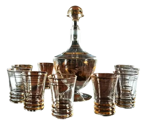 Gold-Plated Decanter and Glasses, 1950s, Set of 10