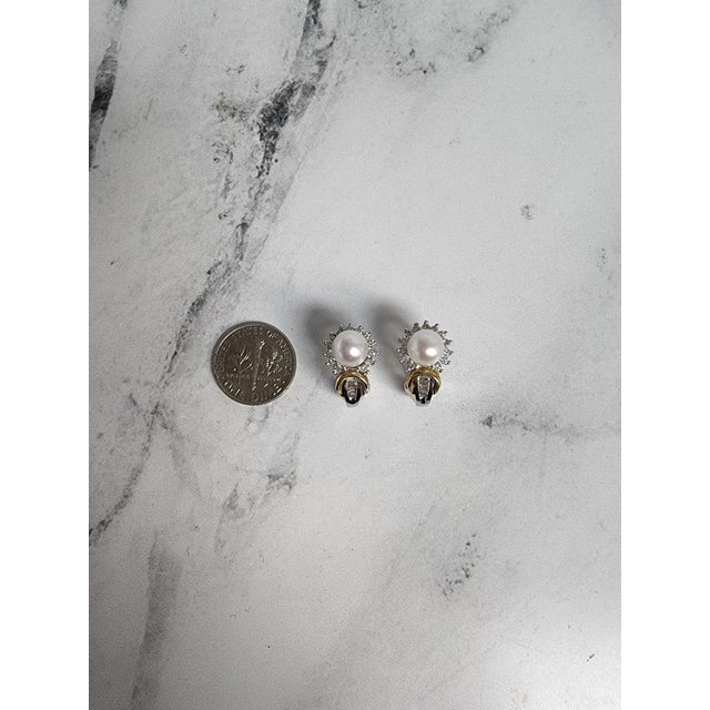 Pearl & Diamond Halo Earrings with Diamond Accents 14k Two-Toned Gold, 2 Pieces For Sale - Image 4 of 5
