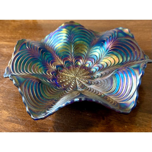 1910s Fenton Peacock Tail Blue Ruffled Dish For Sale - Image 9 of 12