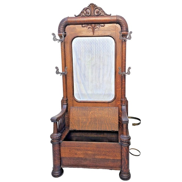 Monumental Antique American Tiger Oak Hall Tree With Mirror & Lift-Top Seat, C. 1890s For Sale - Image 4 of 18