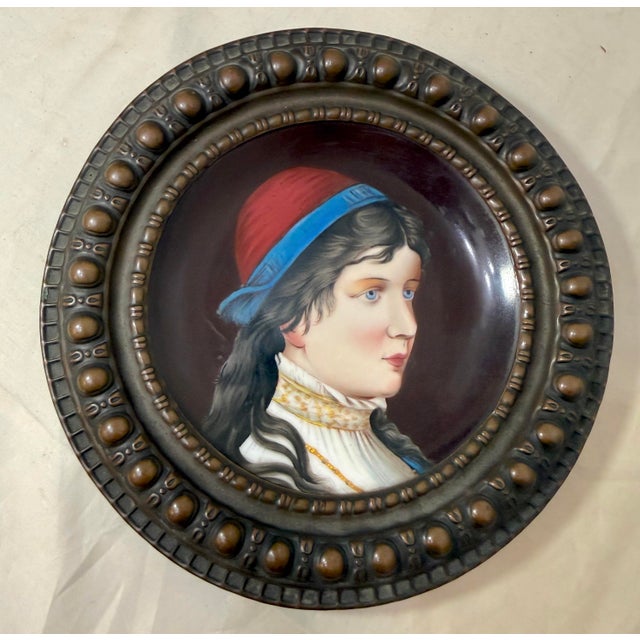 Antique 1800s Painted Porcelain Bronze Portrait Lady Decorator Collectible Plate For Sale - Image 4 of 12