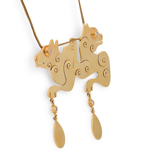 Contemporary Vintage Diamond 14k Yellow Gold Double Dragon Pendant Necklace For Sale - Image 3 of 6