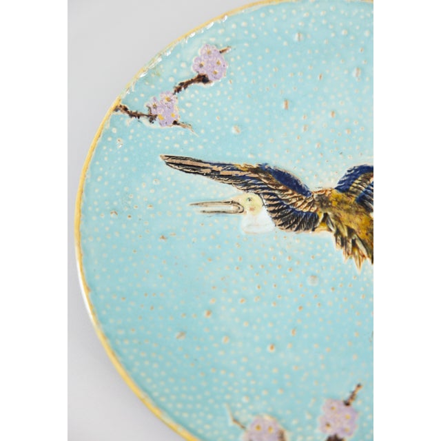 English 19th Century English Joseph Holdcroft Turquoise Majolica Flying Crane Plate For Sale - Image 3 of 8