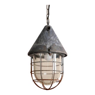 Pair of Vintage Industrial Cast Iron Cage Pendant Lights, C. 1920 For Sale