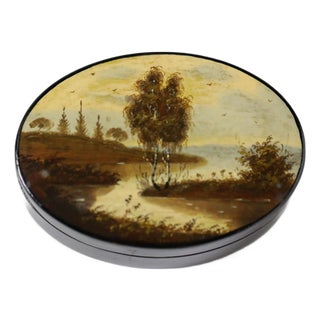 Fedoskino Oval Lacquer Box With Landscape, Ussr, C. 1960s–1980s For Sale