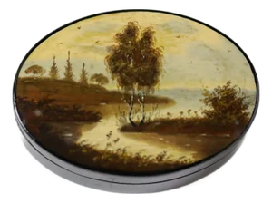 Fedoskino Oval Lacquer Box With Landscape, Ussr, C. 1960s–1980s
