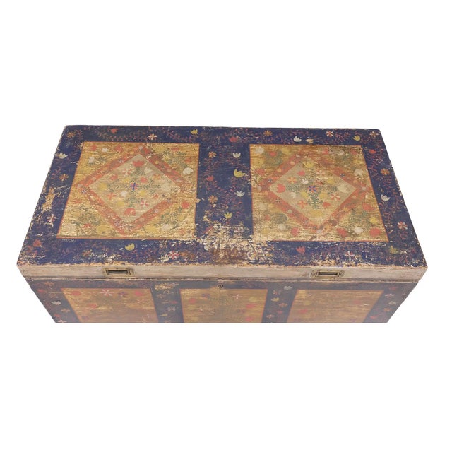 1800s Eastern European Painted Marriage Chest | Folk Art Dowry Trunk For Sale - Image 4 of 6