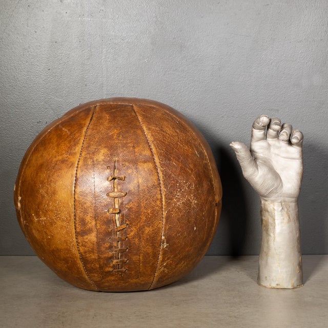 Brown Antique Leather Medicine Ball c.1940 For Sale - Image 8 of 8