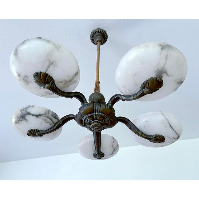 Large Art Deco Alabaster Pendant Light with Marble and Bronze, 1930s For Sale - Image 9 of 18