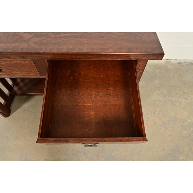 Imperial Furniture Grand Rapids Antique Mission Oak Arts & Crafts Writing Desk or Library Table, Newly Refinished For Sale In South Bend - Image 6 of 12