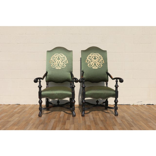 Early 20th Century Pair of Antique High Back Throne Armchairs | Green Upholstery & Gold Monogram | Early 20th Century For Sale - Image 5 of 18