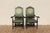 Early 20th Century Pair of Antique High Back Throne Armchairs | Green Upholstery & Gold Monogram | Early 20th Century For Sale - Image 5 of 18
