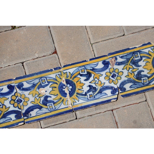 17th Century Portuguese Floral Border Tiles Set of 10 Blue, Yellow & White Antique For Sale - Image 9 of 12