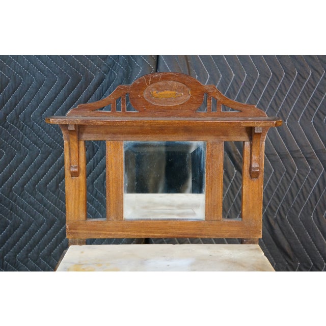Early 20th Century Antique Edwardian Walnut Neoclassical Inlaid Washstand Cabinet With Marble Top & Mirror For Sale - Image 5 of 18