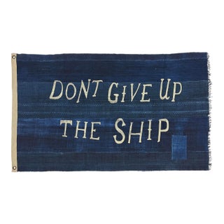 Large Patchwork Indigo Flag, Don't Give Up the Ship, Unique For Sale
