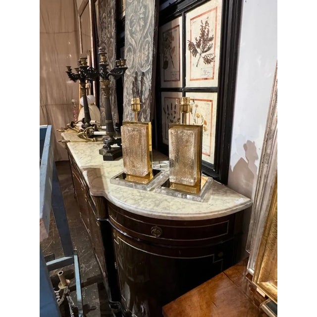 Pair of Modern Murano gold dust glass block lamps. Circa 2000. A favorite of top designers! 16"H x 8.5"W x 8.5"D